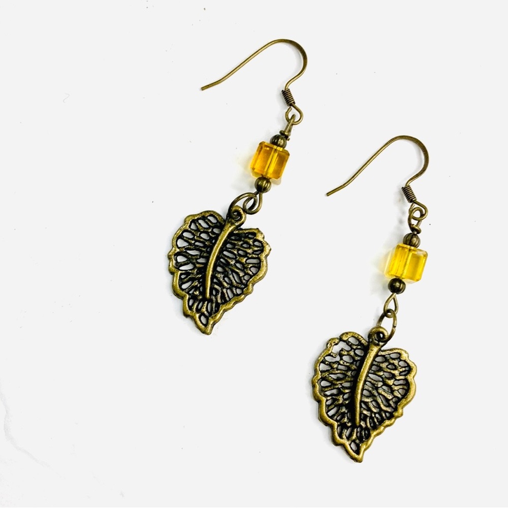 Yellow Leaf Glass Bead Earrings